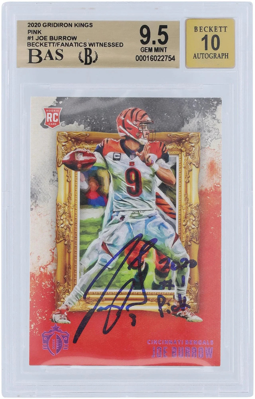 Joe Burrow Cincinnati Bengals Autographed 2020 Panini Gridiron Kings Pink #GK-1 Beckett Fanatics Witnessed Authenticated 9.5/10 Rookie Card - 9.5,9,9.5,10 Sizeubgrades - Fanatics Authentic Certified