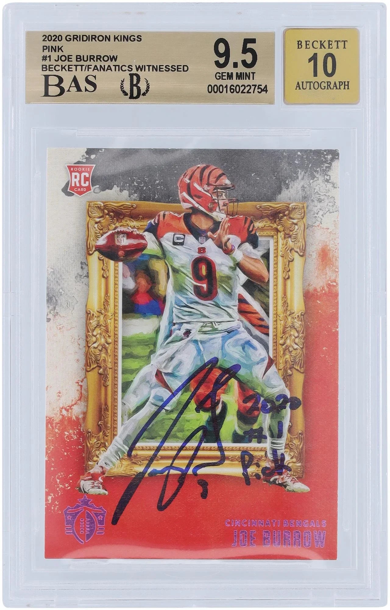 Joe Burrow Cincinnati Bengals Autographed 2020 Panini Gridiron Kings Pink #GK-1 Beckett Fanatics Witnessed Authenticated 9.5/10 Rookie Card - 9.5,9,9.5,10 Sizeubgrades - Fanatics Authentic Certified