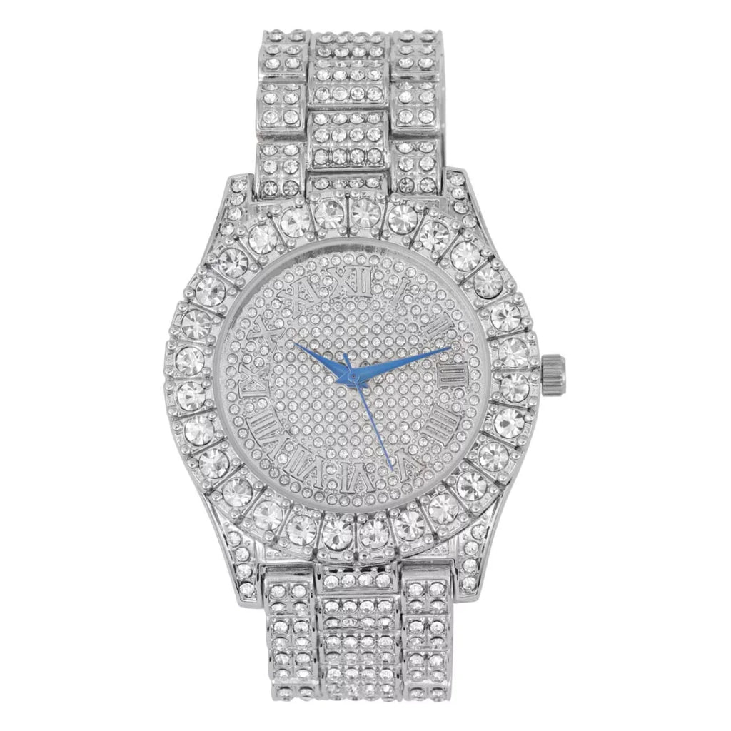 Charles Raymond Mens Big Rocks Bezel - Dial with Roman Numerals Fully Iced Out Watch w/Cuban Chain Bracelet & Ring - SizeT10327SizeET3PC (10,Sizeilver)