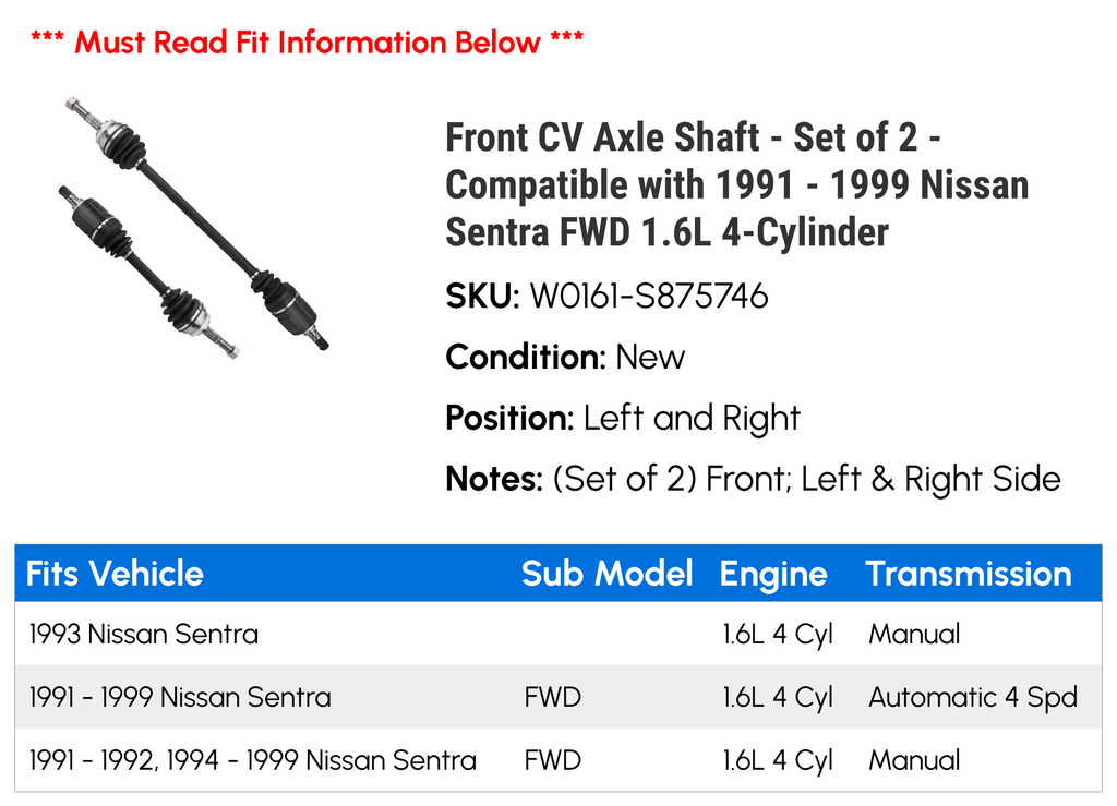 Front CV Axle Sizehaft - Sizeet of 2 - Compatible with 1991 - 1999 Nissan Sizeentra FWD 1.6L 4-Cylinder 1992 1993 1994 1995 1996 1997 1998