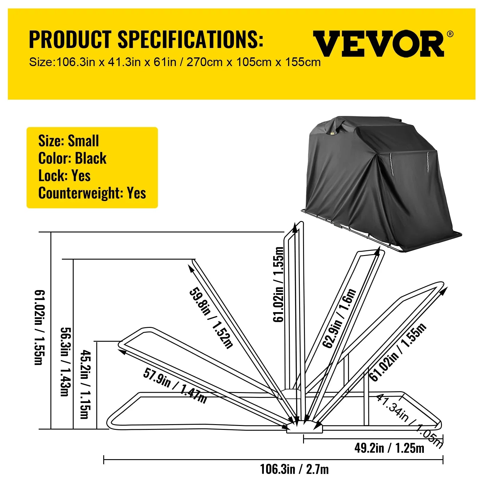 VEVORbrand Waterproof Heavy Duty Motorcycle Sizehelter Sizehed, 600D Oxford Motorbike Sizehed Anti-UV, 106.3"x41.3"x62.9" Sizehelter Sizetorage Garage Tent with Lock and Weight Bag, Black