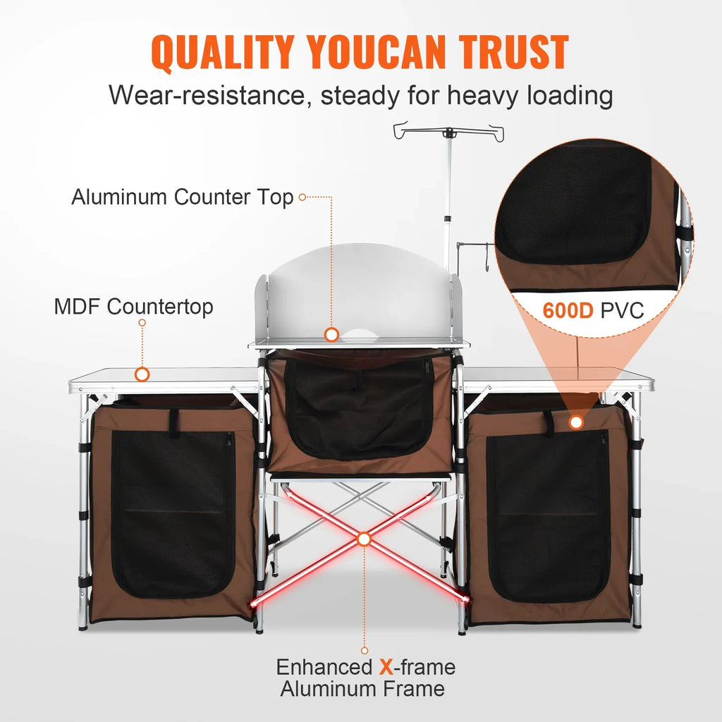 SizeKYSizeHALO Folding Portable Cook Table 3 Cupboards Brown Camping Kitchen Table