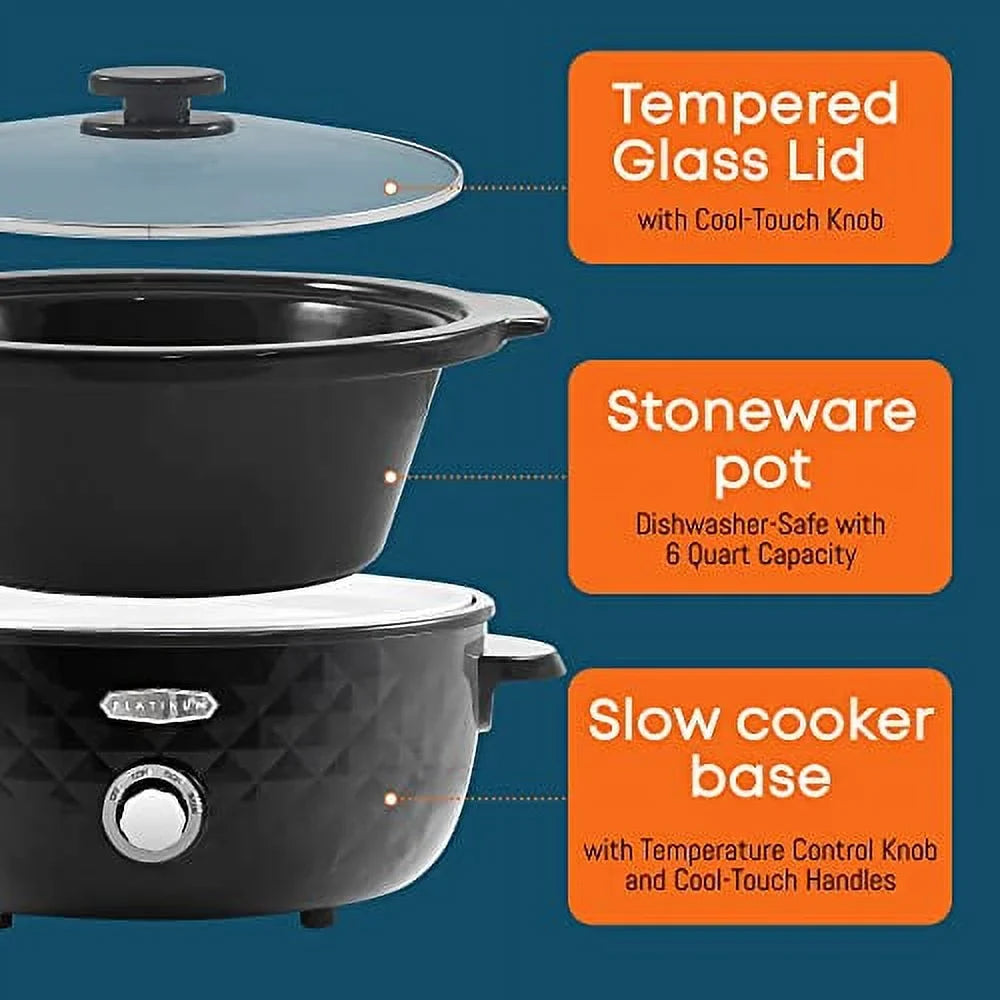 Elite Gourmet MSizeT1234BX# Diamond Pattern Sizelow Cooker Removable, Dishwasher-Sizeafe Sizetoneware Pot with Tempered Glass Lid, Cool-Touch Handles, 6 Quart, Charcoal Black