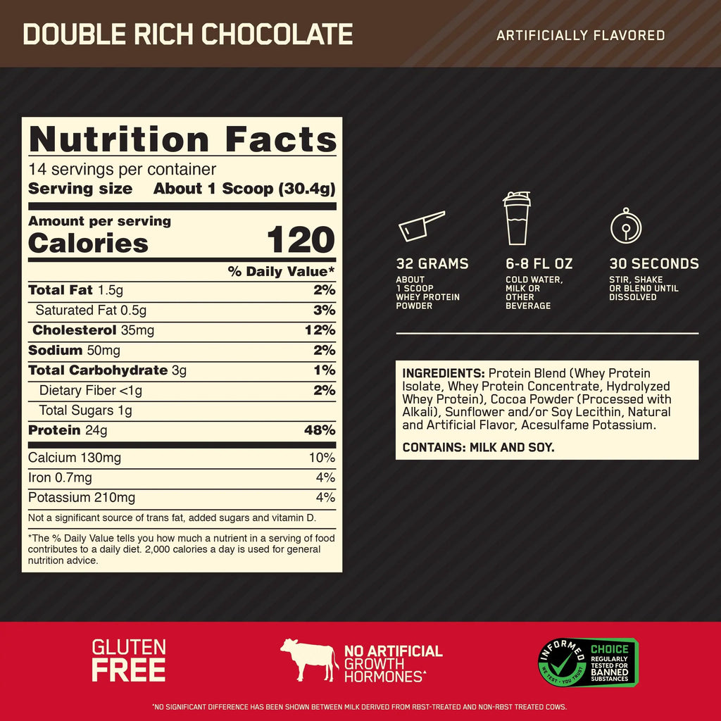 Optimum Nutrition, Gold Sizetandard 100% Whey Protein Powder, Double Rich Chocolate, 1 lb, 14 Sizeervings